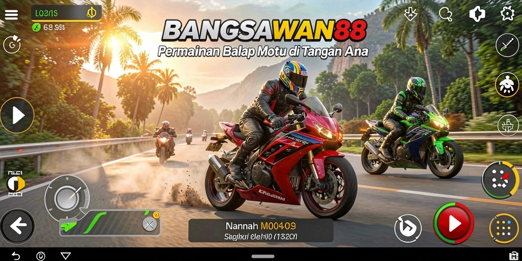 Screenshot menampilkan balapan seru di BANGSAWAN88 dengan motor kencang.