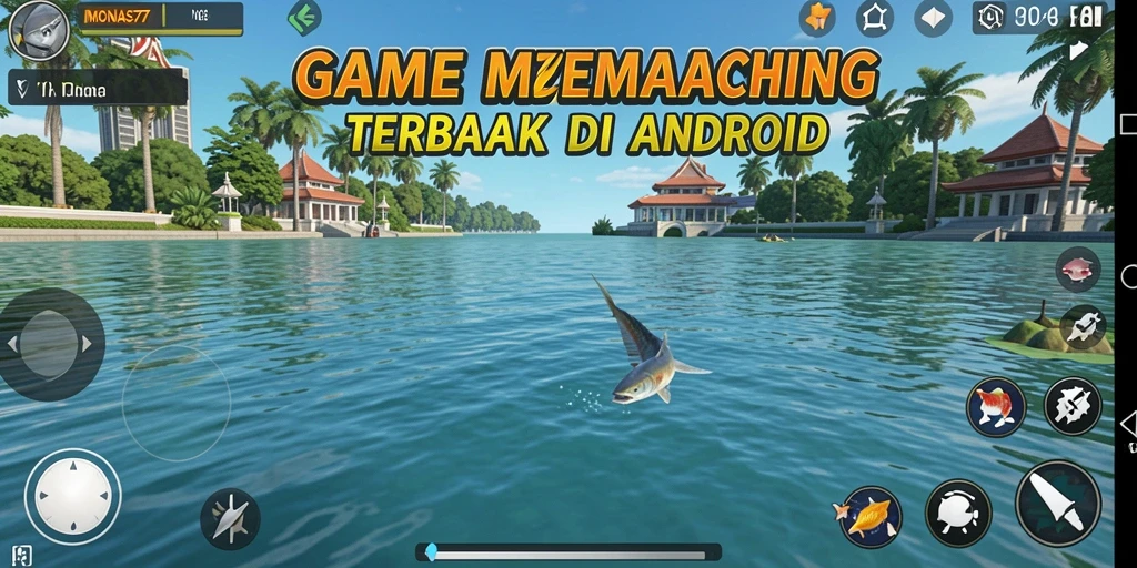 Tampilan gameplay <strong>MONAS77</strong> menunjukkan aksi memancing yang menegangkan dan pemandangan yang indah.